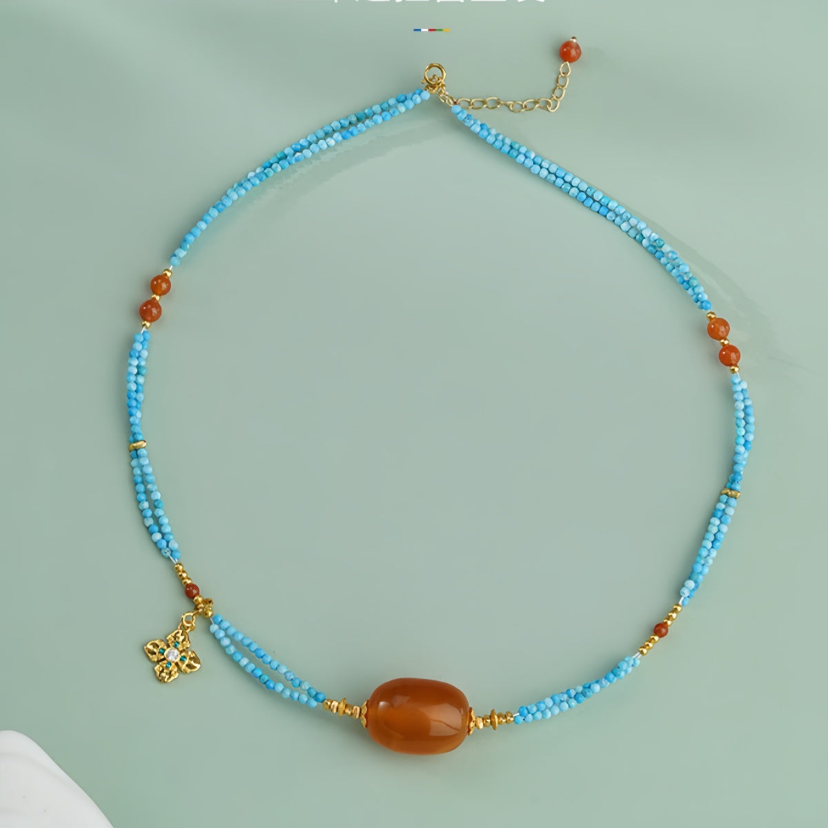 Potalapalace Accessories Handmade Natural Amber and Turquoise Necklace 925 Sterling Silver