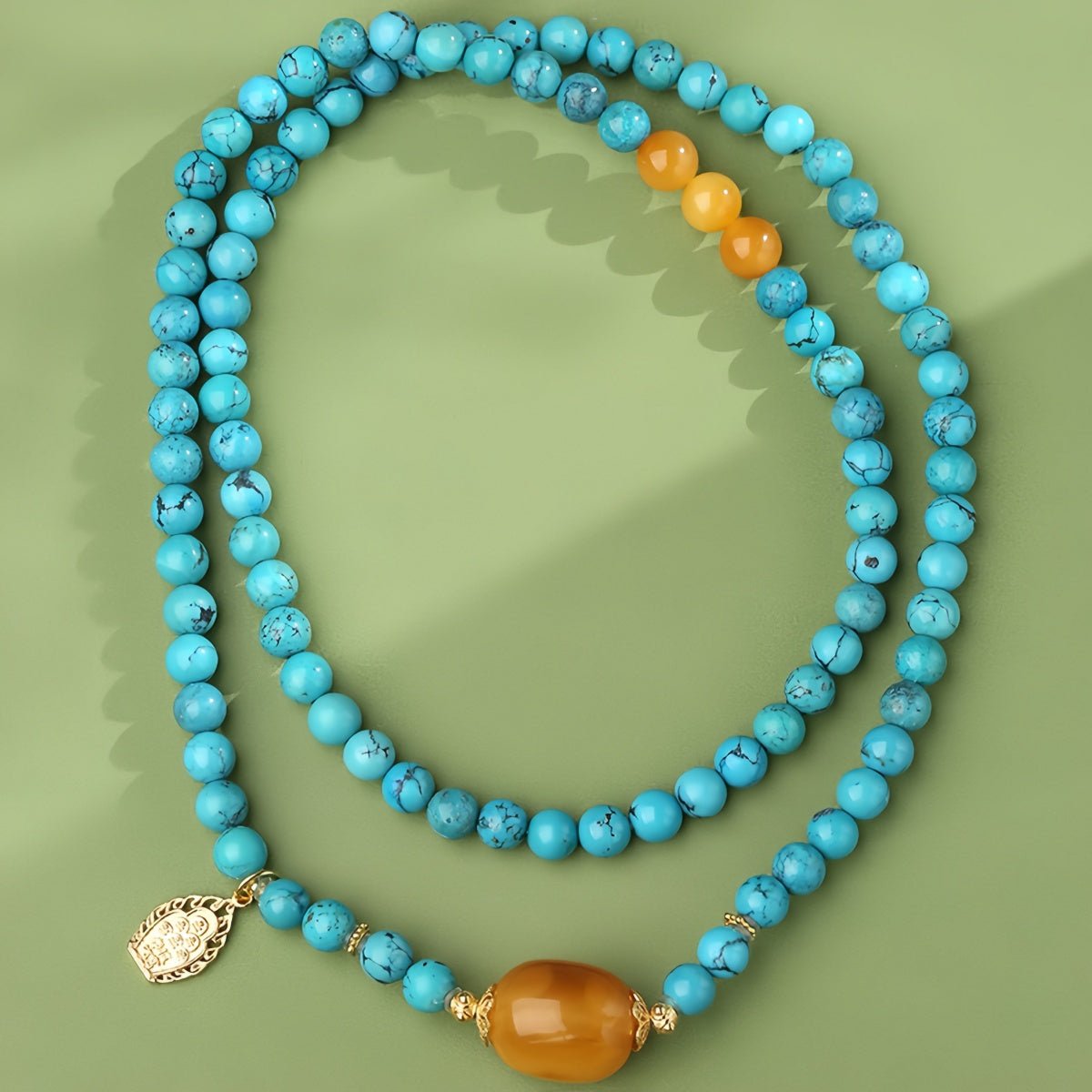 Potalapalace饰品手工天然绿松石和琥珀多股串珠项链