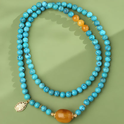 Potalapalace饰品手工天然绿松石和琥珀多股串珠项链