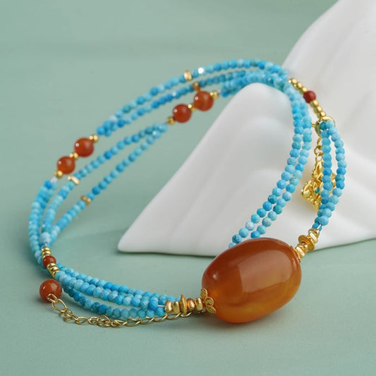 Potalapalace Accessories 手工天然琥珀和绿松石项链 925 纯银