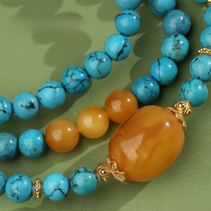 Potalapalace饰品手工天然绿松石和琥珀多股串珠项链