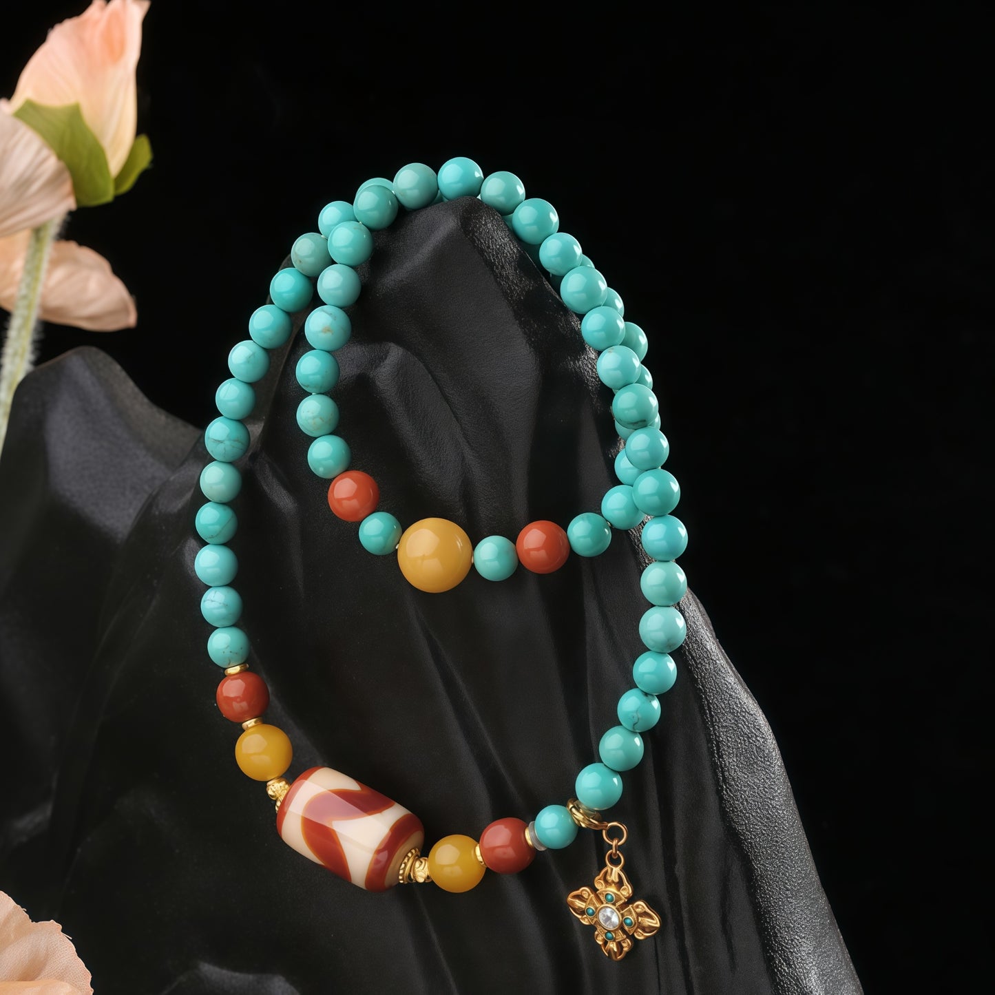 Potalapalace饰品手工天然绿松石和红玛瑙双圈手链