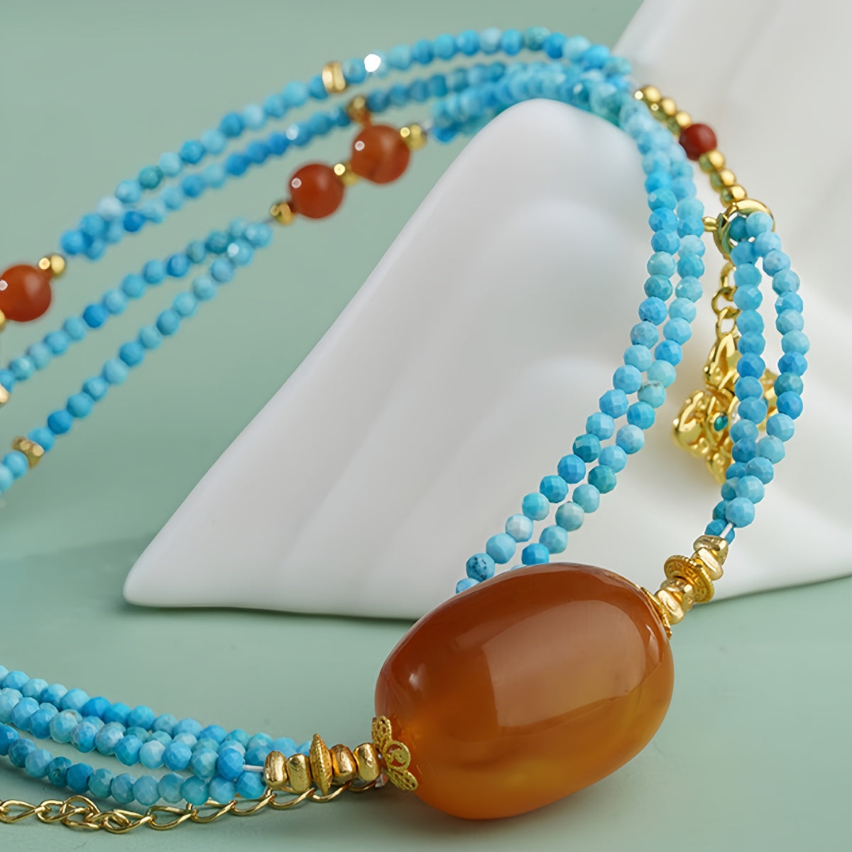 Potalapalace Accessories Handmade Natural Amber and Turquoise Necklace 925 Sterling Silver