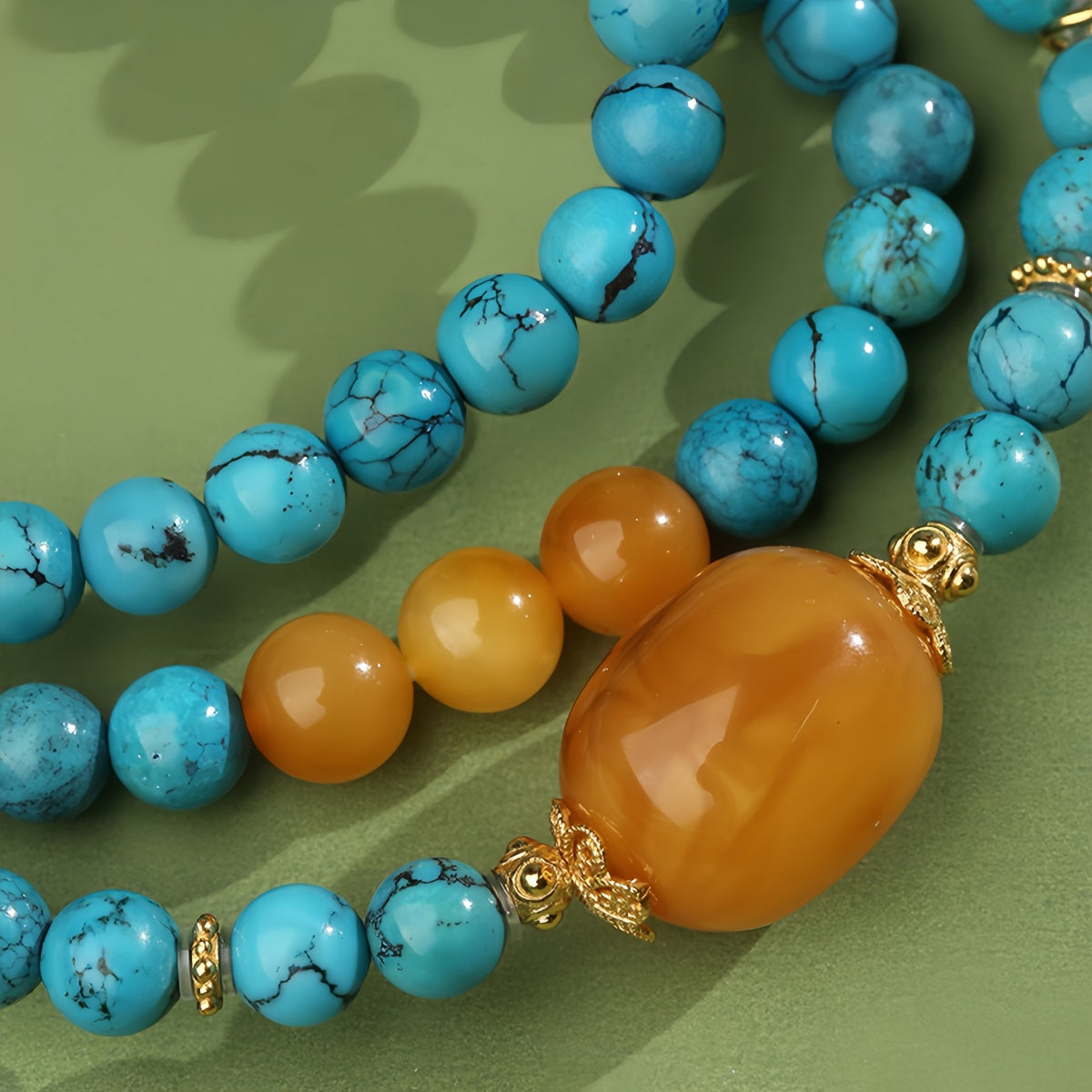 Potalapalace饰品手工天然绿松石和琥珀多股串珠项链