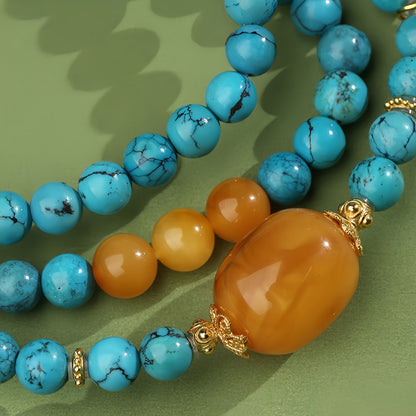 Potalapalace饰品手工天然绿松石和琥珀多股串珠项链