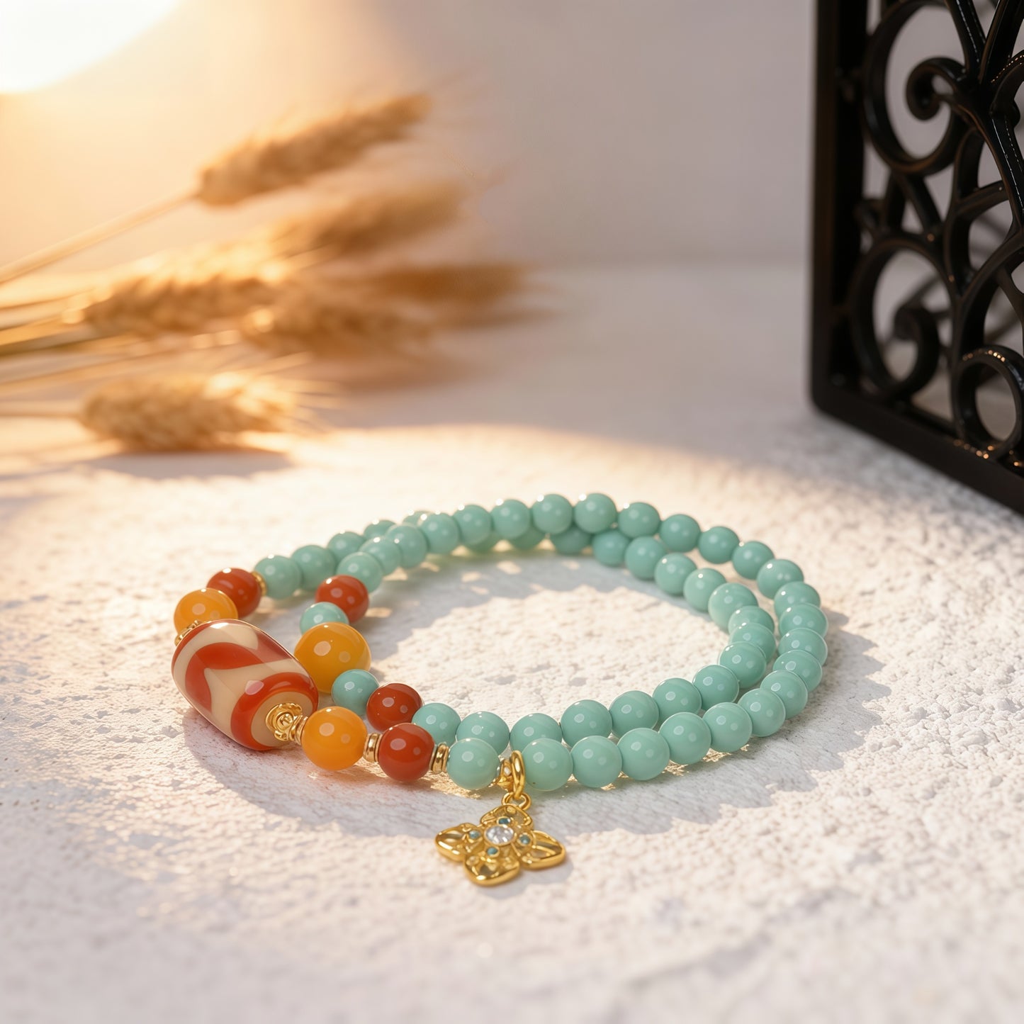 Potalapalace饰品手工天然绿松石和红玛瑙双圈手链