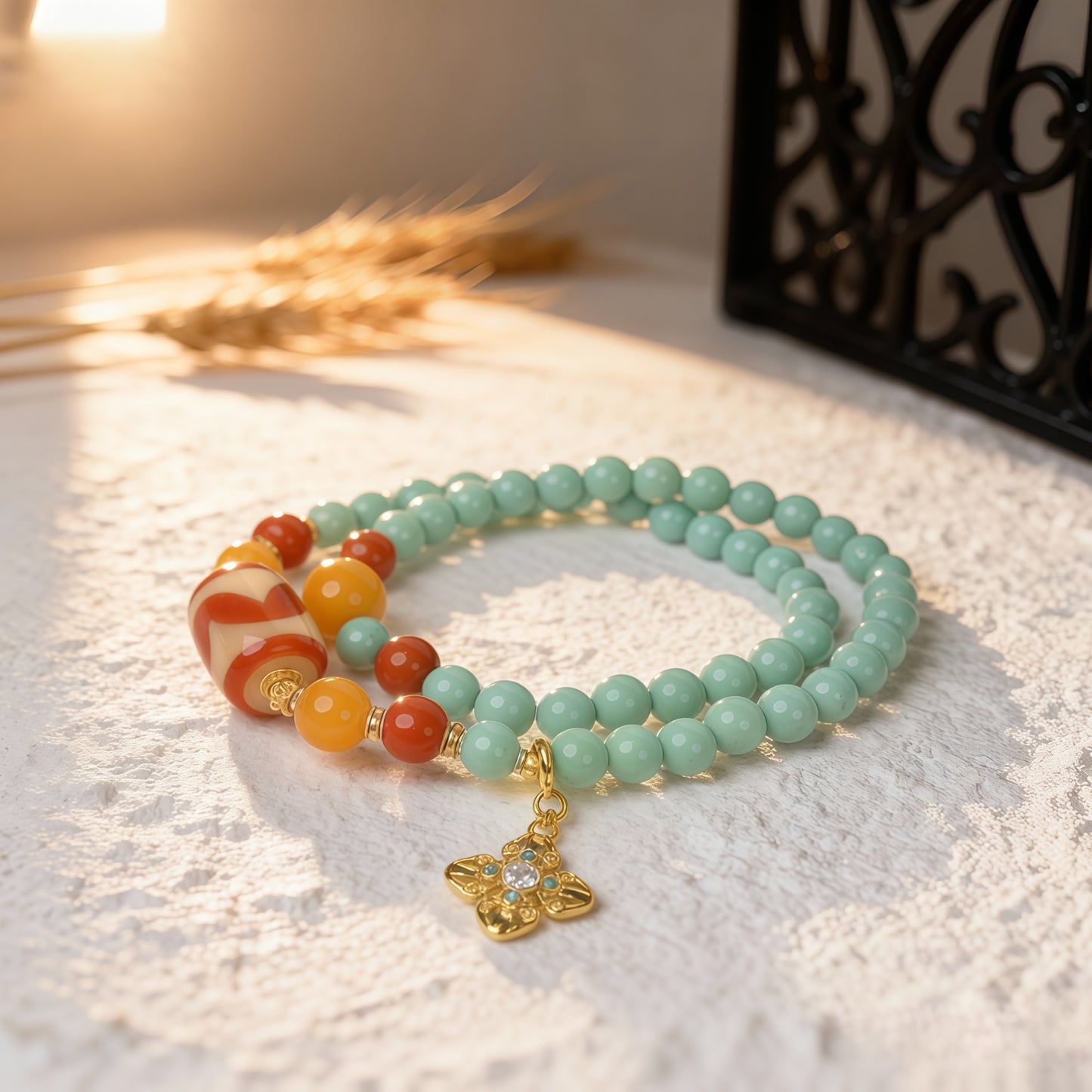 Potalapalace饰品手工天然绿松石和红玛瑙双圈手链